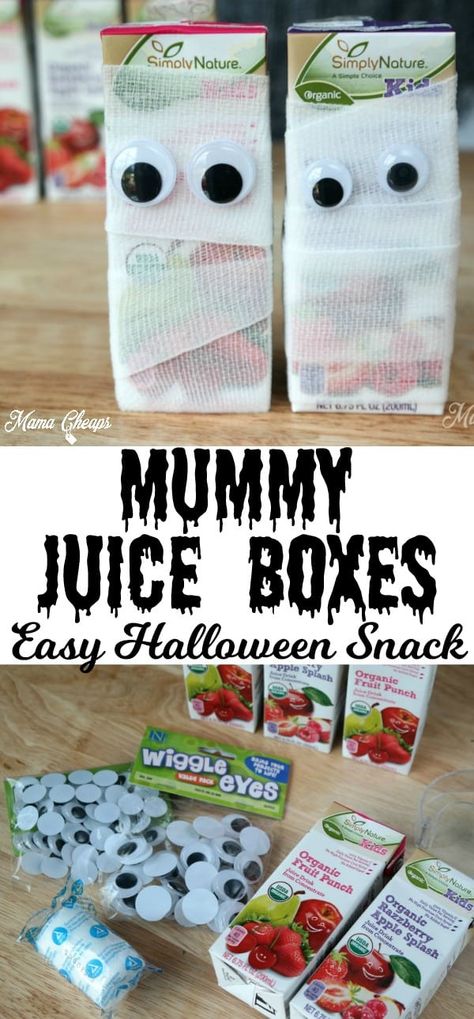 Mummy Juice Boxes | Easy Halloween Snack - Mama Cheaps® Halloween Juice Box, Class Halloween Party, Halloween Class Treats, Kindergarten Halloween Party, Festa Hotel Transylvania, Preschool Halloween Party, Halloween Toddler Party, Halloween Juice, Easy Halloween Snacks