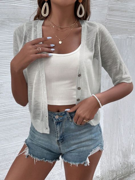 Grey Casual Collar Half Sleeve Fabric Plain  Embellished Medium Stretch Spring Women Clothing Color Minimalist, Spring Women, Lightweight Cardigan, Open Front Cardigan, Knitwear Women, Half Sleeve, Everyday Outfits, Half Sleeves, Women Clothing