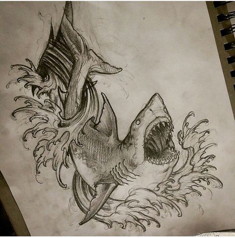 Shark tattoo Shark Half Sleeve Tattoo, Neo Trad Shark Tattoo, Scary Shark Tattoo, Dark Shark Tattoo, Scary Shark Drawing, Shark Drawing Tattoo, Shark Tattoo Drawing, Country Boy Tattoos, Great White Shark Tattoo