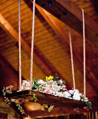 hanging centerpieces on a swing from AmyOsaba.com // photo by ScobeyPhotography.com Flower Chandelier Wedding, Chandelier Wedding Decor, Hanging Centerpiece, Wedding Chandelier, Flower Chandelier, Floral Chandelier, Hanging Flowers, Whimsical Wedding, A Barn