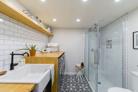 A basement renovation gives a Canadian family a functional laundry room combined with a second bathroom Laundry Room / Bathroom Combination, Laundry Bathroom Combo Layout, Small Bathroom Laundry Combo, Bath Laundry Combo, Bathroom And Laundry Room Combo, Combined Laundry And Bathroom, Bathroom Laundry Room Combo, Laundry Bathroom Combo, Laundry Room Bathroom Combo