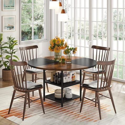 Round Dining Table for 4, 47 inch Kitchen Table Small Dinner Table with Storage Shelf - On Sale - Bed Bath & Beyond - 36969309 Round Dining Table For 4, Small Dinner Table, Dining Table For 4, تصميم الطاولة, Dining Table With Storage, Kitchen Table Wood, Mesa Exterior, Square Dining Tables, Wood Table Top