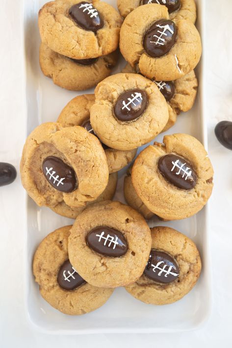 Football Blossom Cookies – Make the Best of Everything Football Cookies, Chocolate Covered Almonds, Chocolate Covered Peanuts, Blossom Cookies, Peanut Butter Cookie Dough, Peanut Butter Blossoms, Hershey Kiss, Favorite Cookie Recipe, Football Lovers