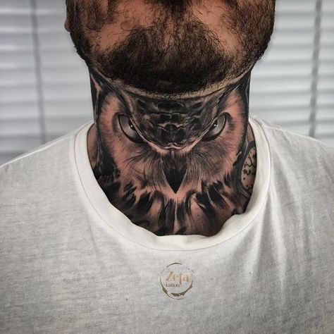 Birds are a symbol of freedom, although owls are representation of wisdom and knowledge. Owls are also connected with mystery, making them enigmatic birds. Kneck Tattoos, Owl Neck Tattoo, Hals Tattoo Mann, Tattoo Main, Full Neck Tattoos, Best Neck Tattoos, Orca Tattoo, Redwork Patterns, Throat Tattoo