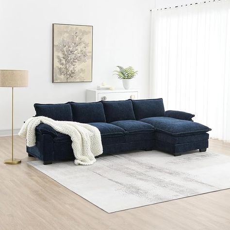 Amazon.com: ODUWA Convertible Sectional Sofa Couch,118" Modern L-Shaped Cloud Sofa with Double Chaise and Cushions,5-Seat Upholstered Chenille Sofa Furniture,Sleeper Sofa Couch for Living Room,Apartment : Home & Kitchen Blue Couch With Ottoman, Navy Couch Basement, Boho Living Room Blue Couch, Blue Leather Sofa Living Room Ideas, Couch With Blue Pillows, Navy Blue Sectional Living Room Ideas, Chenille Chaise, Midnight Blue Living Room, Navy Blue Couch Living Room