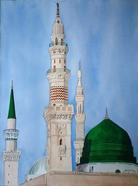 Madeena Drawing Pictures, Madeena Shareef Drawing, Madina Painting Islamic Art, Madinah Painting, Madina Painting, Painting Islamic Art, Word Art Drawings, Painting Islamic, Printable Islamic Art