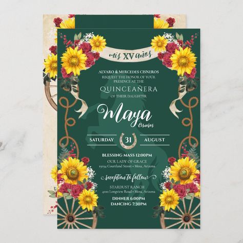 Charro Quinceanera Centerpieces, Charro Quinceanera Theme, Quince Invitations, Green Invitations, Quinceanera Invitation, Sunflower Wedding Invitations, Emerald Green Weddings, Sweet Sixteen Invitations, Roses Black