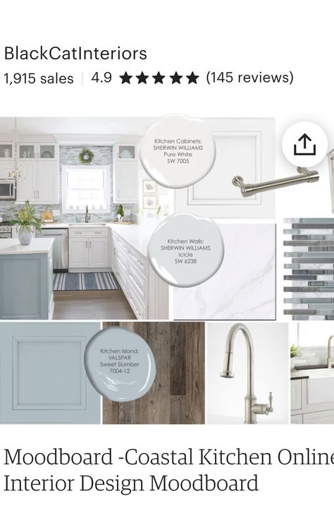 Coastal Kitchen Mood Board, Baby Blue Kitchen, Coastal Kitchen Cabinets, Gray Flooring, Modern Coastal Kitchen, Costal Granddaughter, French Coastal, Kitchen Mood Board, Sample Board