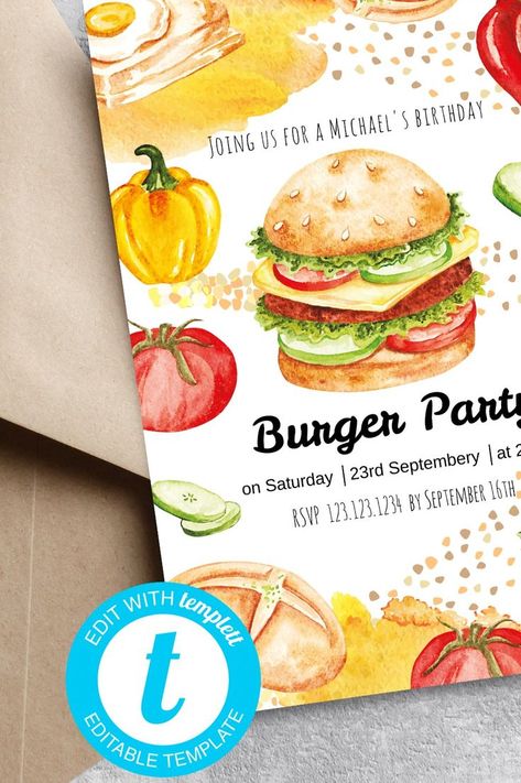 Easily customize your Burger birthday invitation design with text. Download Burger штмшеу, print Burger invitation or submit online Burger birthday invitation! A themed Burger party will create an atmosphere and mood for the entire holiday. Burger Birthday Party, Burger Birthday, Food Invitation, Burger Cake, Burger Party, Birthday Invitation Design, Cheeseburger In Paradise, Birthday Invite Template, Chef Party