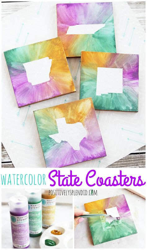 DIY Watercolor State Coasters - Easy DIY craft idea, and great for gifts! Tile Crafts For Kids, State Coasters, Crafts For Teenagers, State Crafts, Coaster Crafts, Martha Stewart Crafts, Tile Crafts, Diy Coasters, Diy Watercolor