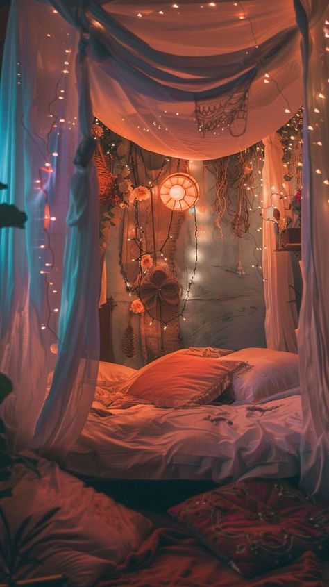 Dreamy boho-chic room decor with dream catchers, fairy lights, and cozy bedding for a serene escape. Bed Nest Sleeping Nook, Hideaway Room, Bedroom Cosy, Bed Nest, Monique Lula, Room Decor Inspiration, Boho Bedrooms, Sleeping Nook, Bed Nook