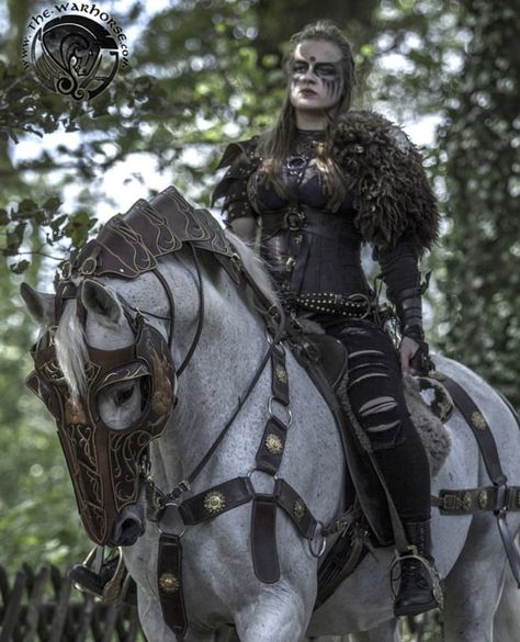 #medievalhorsearmor Leather Horse Armor, Horse In Armor, Person Riding Horse, Medieval Poster, Archery Costume, Viking Halloween Costume, Vikings Halloween, Horse Halloween Costumes, Viking Warrior Woman