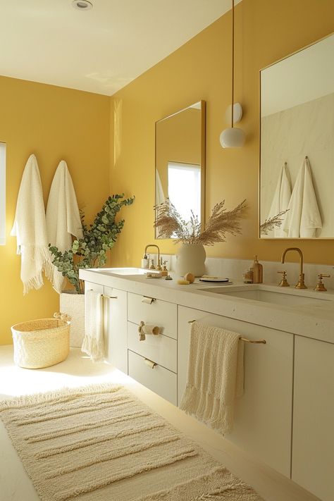 60+ Yellow Bathroom Ideas for a Lively & Vibrant Home - Days Inspired Yellow Tile Bathroom Ideas, Yellow Bathroom Ideas, Yellow Tile Bathroom, Log Cabin Interior, Yellow Bathroom, Vibrant Home, Yellow Tile, Bathroom Walls, Fun Wallpaper