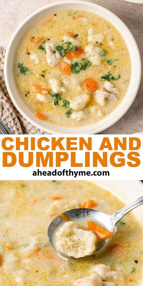 Rotisserie Chicken Soup, Easy Mashed Potatoes, Dumpling Dough, Thyme Recipes, Homemade Dumplings, Dumplings For Soup, Soup And Stew, Leftover Chicken, Chicken And Dumplings