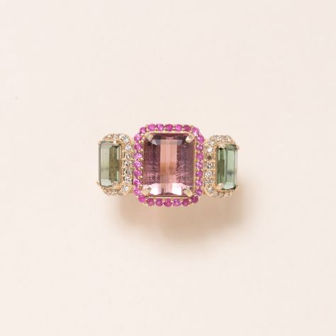 Every Bloom Bijoux piece is designed or curated by Anuschka herself- she hand picks each element for their beauty and quality. Green Tourmaline Pink Tourmaline (4.72 CT) 14k Gold Diamond Pave Pink Sapphire Pave Size 7 Properties of tourmaline include: Bringing balance and stability to the heart's energy field Aligning the heart's electromagnetic field with the Earth's Strengthening the heart Helping healing energy flow around the body Blue Tourmaline Engagement Ring, Green Engagement Rings, Pink Tourmaline Engagement Ring, Dimond Ring, Pink Sapphire Jewelry, Pink Engagement Ring, Tourmaline Engagement Ring, Electromagnetic Field, Blue Tourmaline