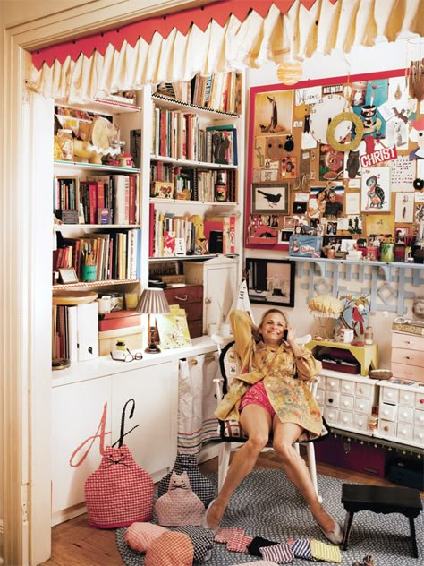 Amy Sedaris as Muse Quirky Apartment, Greenwich Village Apartment, Amy Sedaris, Office Guest Room, Guest Room Office, Craft Rooms, Windham Fabrics, Nyc Apartment, One Bedroom Apartment