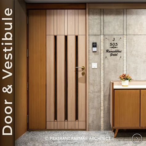 Prashant Parmar Architect® | Architect & Interior Designer | To give an enhancing look to the door and vestibule, we have adorned it with a unique combination of stone veneer and mosaic. Upon entering… | Instagram Main Safty Door Design Entrance, Flat Enterance Idea Modern, Modern Jali Door Design, Modern Safety Door Design Entrance, Safety Door Design Entrance Modern For Flat, Safty Door Design Front Entry, Flat Main Door Design Entrance, Safety Door Design Entrance Modern, Main Door Wall Design Entrance