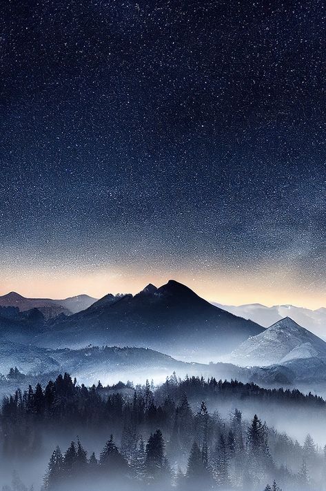 ID 275465408 © Daniel M | Dreamstime.com Night Sky Mountain Mural Nursery, Night Landscape Illustration, Misty Night, Scene Inspiration, Bedroom Mural, Mountain Mural, Forest Mural, Mountains Forest, Forest Wall Mural