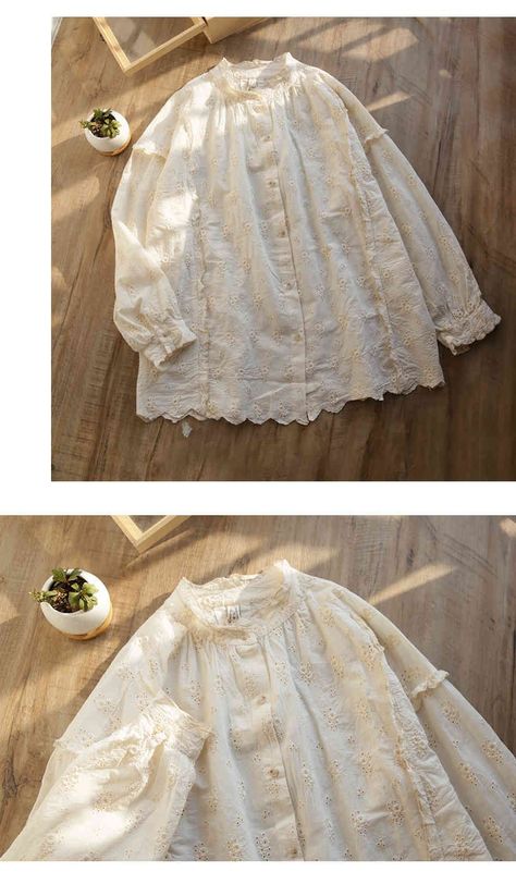 Japanese Style Beige Boutique Bugatchi Shirts With Hollow Out Embroidery And Ruffles, 100% Cotton Stand Collar For Autumn Style 210323 From Bai02, $21.76 | DHgate.Com Japanese Boutique, Cotton Blouse Pattern, Hijabista Fashion, Muslimah Fashion Outfits, Girl Shirt, Mori Girl, Muslimah Fashion, Blouse Patterns, Lovely Dresses