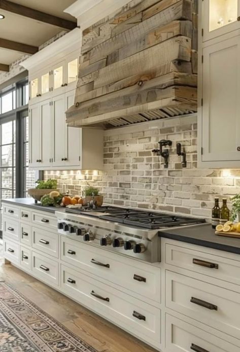 Mountain Farmhouse, Brick Backsplash Kitchen, Farmhouse Kitchen Backsplash, Kitchen Backsplash Ideas, Brick Kitchen, Brick Backsplash, Cabinets And Countertops, Farmhouse Kitchen Design, Kitchen Farmhouse