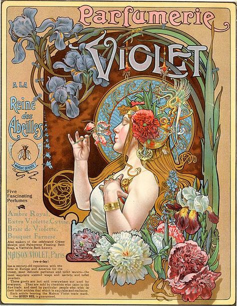 'Parfumerie Violet' advertising poster by Alfons Mucha Violet Perfume, Vintage Parfum, Art Nouveau Mucha, Illustration Art Nouveau, Alphonse Mucha Art, Mucha Art, Alfons Mucha, Arte Indie, Art Nouveau Illustration