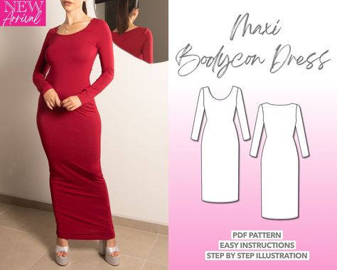 Long Sleeve Maxi Dress Pattern Sewing, Bodycon Dress Sewing Pattern, Simple Bodycon Dress, Long Sleeve Dress Pattern, Fitted Dress Pattern, Bodycon Dress Pattern, Simple Long Sleeve Dress, Maxi Dress Pattern Sewing, Dress Pdf Pattern