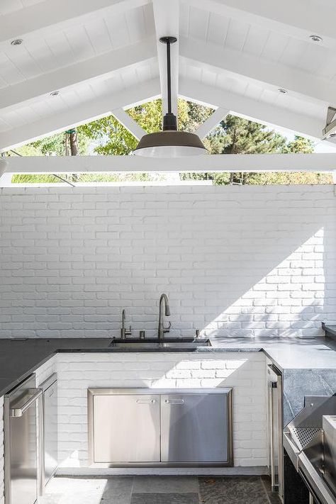 Outdoor Kitchen With Sink, Brick Outdoor Kitchen, Brick Ceiling, Concrete Outdoor Kitchen, Outdoor Kitchen Sink, Brick Backsplash Kitchen, Wood Plank Ceiling, Plank Ceiling, Outdoor Kitchen Decor