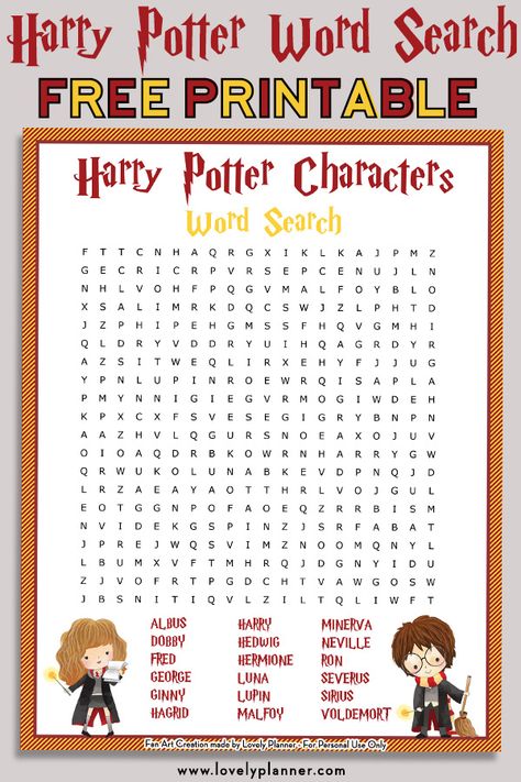 Free printable Harry Potter Characters word search puzzle + solution sheet. Use it as a Harry Potter party activity, party favor or for your own enjoyment. Also get the HP maze and crossword puzzles. #freeprintable #harrypotter #wordsearch #party #puzzle #homeschool #lovelyplanner Harry Potter Word Search, Free Printable Harry Potter, Harry Potter Party Games, Printable Harry Potter, Harry Potter Words, Hery Potter, Harry Potter Activities, Classe Harry Potter, Harry Potter Printables Free