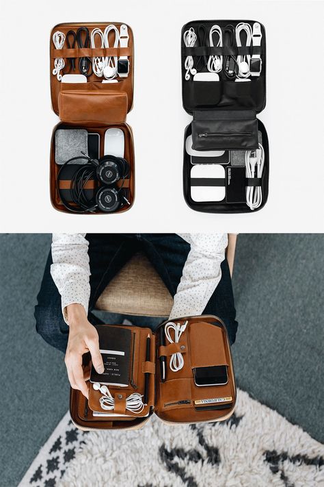 Leather cable organizer Tablet Gadgets, Leather Travel Accessories, Best Casual Shirts, Clothing Wardrobe, Electronic Organization, Travel Must Haves, Cable Organizer, Office Setup, Travel Kits