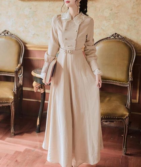 Light Academia Clothes, French Style Dresses, Cottagecore Dresses, Cottage Witch, Witch Cottage, Cottagecore Clothes, 50s Fashion Dresses, Retro Style Dress, Trench Coat Dress