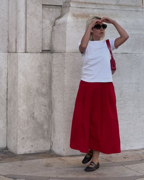 Striding through the city, letting the red skirt dance with the wind. . . #streetstyle #redskirt #redoutfit #outfitinspiration #ootd #ootdfashion #fashionblogger #influencer #styleinspo #style #skirt #bloggerstyle #followｍe Long Red Skirt Outfit Summer, Long Red Skirt Outfit Aesthetic, Red Silk Skirt Outfit, Red Silk Summer Skirt, Long Red Skirt Outfit, Silk Skirt Outfits, Red Skirt Street Style, Red Beach Midi Skirt, Red Midi Skirt Outfit