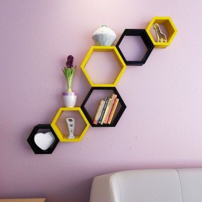 Hexagon Wall Shelf, Wood Hexagon, Black Home Office, Black Wall Decor, Hexagon Shelves, Wooden Wall Shelves, Wall Shelf Decor, Wall Shelves Design, Mounted Shelves