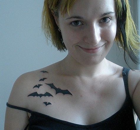 Small Bat Tattoo, Artemis Tattoo, Bats Tattoo Design, Silhouette Tattoo, Joker Tattoo Design, Neck Tattoos Women, Bat Tattoo, Silhouette Tattoos, Shoulder Tattoos For Women