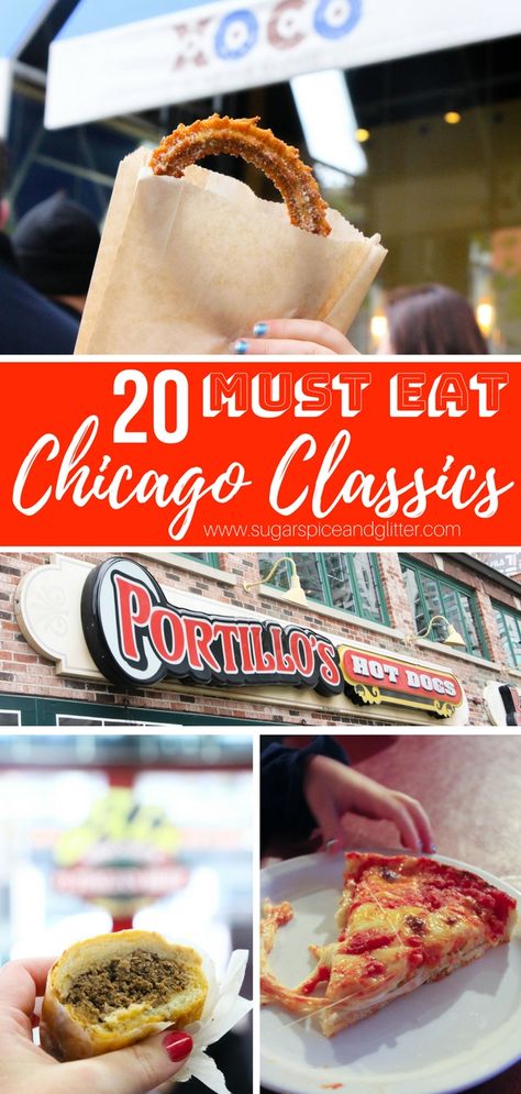 The 20 Must Eat Chicago Foods you need to try on your Chicago vacation - we've got the classics and some off-the-beaten path favorites, along wih our best Chicago restaurant recommendations to try each Must Eat In Chicago, Places To Eat In Chicago Downtown, Places To Eat Chicago, What To Eat In Chicago, Chicago Drinks, Chicago Themed Party Food, Chicago Food Recipes, Best Places To Eat In Chicago, Chicago Recipes