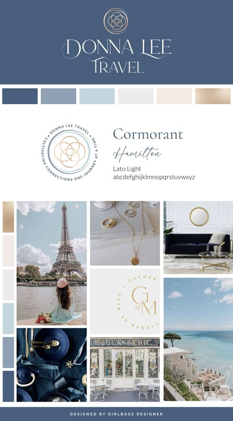 Donna Lee Travel can elevate your travel with exclusive experiences, VIP touches, and concierge support. Donna's website is based on our Paris Travel Showit website template, available inside the Girlboss Designer shop. For her brand colors we went with multiple shades of blue, a soft creamy neutral, a soft blush, and a pop of champagne metallic. The logo features a serif font with varying weights within the letters that is meant to give a classic, timeless, and sophisticated feel. Exclusive Color Palette, Travel Blog Branding, Branding Colors Mood Boards, Business Color Palette Brand Design Blue, Blue Branding Board, Blue Branding Color Palette, Travel Color Palette, Calm Branding, Blue Website Design