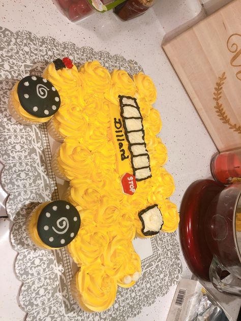 Bus Cupcake Cake, School Bus Cupcake Cake, Bus Cupcakes, Cookie Recipe For Embossed Rolling Pin, Embossed Rolling Pin, Car Birthday, Wheels On The Bus, 2 Birthday, Cupcake Cake