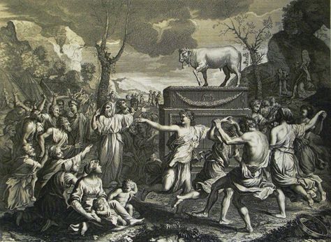 The Phillip Medhurst Picture Torah 458. Moses breaks the tables of the Law. Exodus cap 32 v 19. after Poussin Phillip Medhurst, The Golden Calf, Moses Exodus, Worship Room, Golden Calf, Bible Prints, Bible Illustrations, St George, Torah