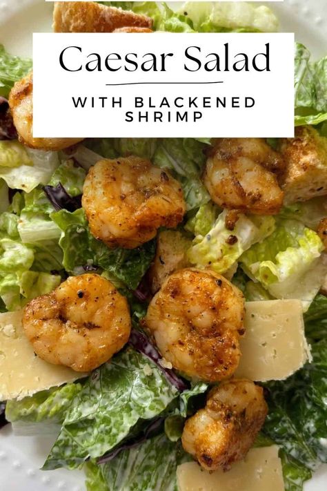 This easy Blackened Shrimp Caesar Salad combines the freshness of salad greens with the bold flavors of blackened shrimp! Make this caesar salad in just 15 minutes tonight! Shrimp Caesar Salad, Pescatarian Lifestyle, Shrimp In The Oven, Pan Fried Shrimp, Frozen Garlic Bread, Cream Cheese Pasta, Lemon Garlic Pasta, Blackened Shrimp, Salad Greens