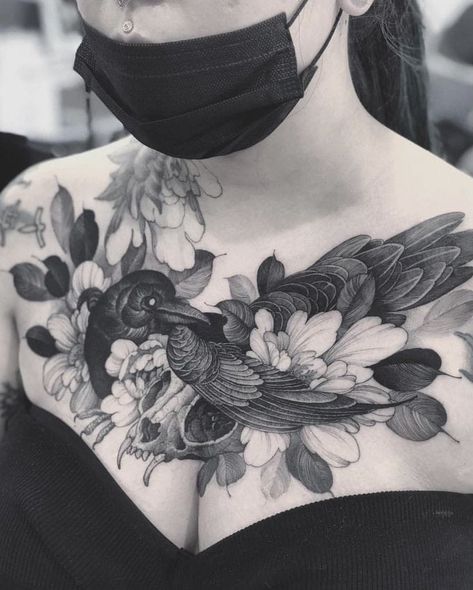 Dark Tattoo Ideas, Infected Tattoo, Mama Tattoo, Black Tattoo Cover Up, Crow Tattoo, 4 Tattoo, Chest Tattoos For Women, Chest Piece Tattoos, Bird Tattoo