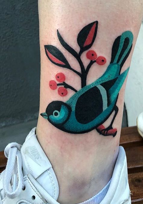 Lineless Tattoo, Folk Bird Tattoo, Bird Tattoo Traditional, Roly Poly Tattoo, Folk Tattoo, Colorful Bird Tattoos, Olive Tattoo, Honey Bee Tattoo, Floral Back Tattoos