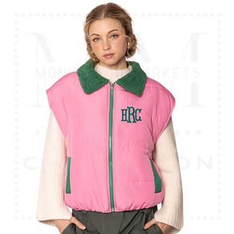 You can feel preppy & fabulous in our pink and green monogram puffer vests💖💚 #preppyfashion #monogramlove @monogrammarkets Pink And Green Accents, Puffer Vests, Monogram Outfit, Embroidered Monogram, Green Accents, Puffer Vest, Preppy Style, Pink And Green, Puffer