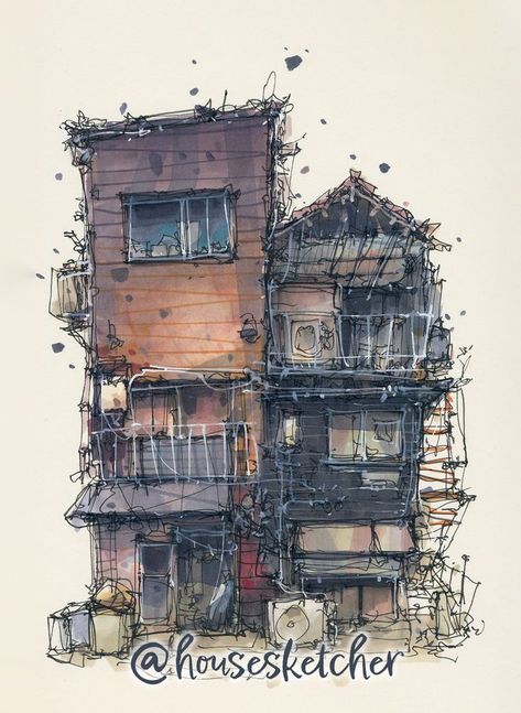 Albert Kiefer, Marker Sketch, Landscape Pencil Drawings, Houses In Japan, Perspective Drawing Architecture, Building Drawing, Watercolor Architecture, House Sketch, Architecture Drawing Art