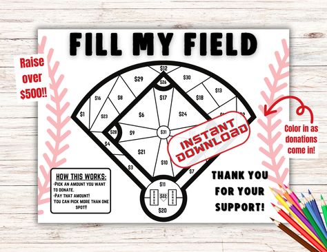 This baseball fill my field fundraiser / black out my board/ pick a date to donate calendar is perfect for your fundraising event!! If you go to my page and do not see the event you were originally looking for, message me! I can usually get a new instant download calendar completed and listed within the hour!  THIS FUNDRAISER/PICK THE DATE/PAY THE DATE CALENDAR CAN NOT BE EDITED! IT IS AN ALREADY MADE INSTANT DOWNLOAD. IF YOU WANT ANY TEXTS/FONT/CALENDAR/COLOR CHANGED OR ADDED TO THIS CALENDAR. Cheap T-shirts For Baseball Season Team Events, Baseball Fundraising Ideas, Travel Baseball Fundraising Ideas, Baseball Fundraiser Posters, Baseball Terms, Baseball Calendar Fundraiser, Baseball Stats Sheet, Baseball Fundraiser, Sports Fundraisers