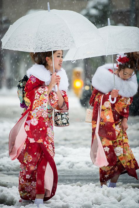 **Coming of Age day under the snow in Tokyo Clothes In Japanese, Coming Of Age Day, Look Kimono, Furisode Kimono, Memoirs Of A Geisha, Mode Kimono, Warm Clothes, Roppongi, Japan Culture