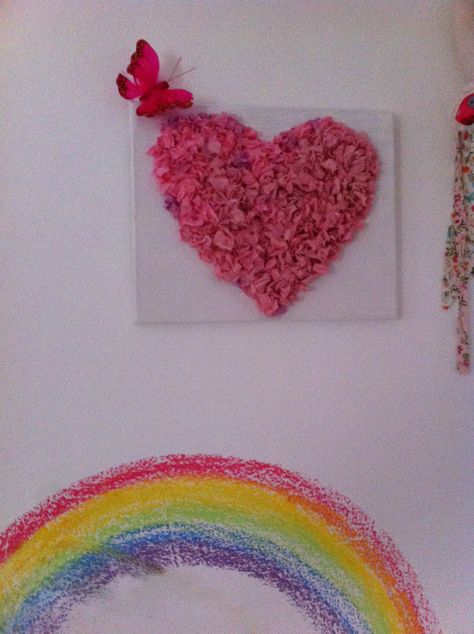 Canvas heart made with tissue paper Tissue Paper, Lei Necklace, Crochet Necklace, Crochet, Canvas