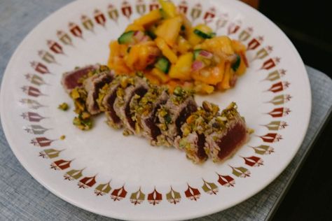 Seared Tuna with Pistachio Crust and Papaya Salsa | Coconut Tilapia, Papaya Salsa, Tuna Loin, Ripe Papaya, Grilled Tuna, Seared Tuna, Red Chili Peppers, Salsa Recipe, Just Cooking