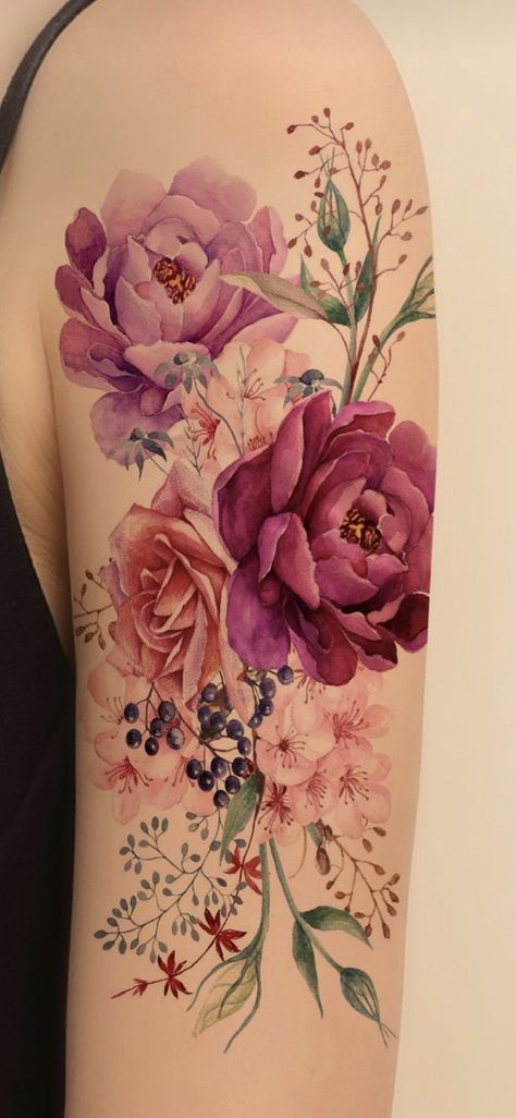 Rose And Peonies Tattoo, Peony Tattoo Pink, Feminine Tattoo Sleeves Color, Floral Half Sleeve Tattoo Upper Arm Color, Watercolor Shoulder Tattoo, Peony Leg Tattoo, Cabbage Rose Tattoo, Large Floral Tattoo, Ranunculus Tattoo