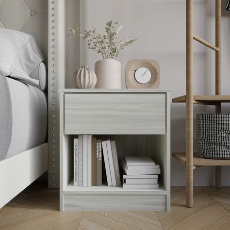 Hokku Designs Pedri Solid + Manufactured Wood Nightstand & Reviews | Wayfair Nightstand White, Nightstand Wood, Matching Nightstands, Small Nightstand, Wood Bedside Table, Small Space Storage, White Nightstand, Streamlined Design, Modern Nightstand