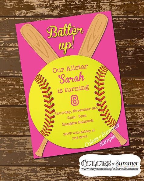 Softball Birthday Cakes, Softball Birthday Party, Softball Birthday Parties, Softball Birthday, Neon Sports, Ball Birthday Party, Baseball Birthday Invitations, Softball Ideas, Softball Party