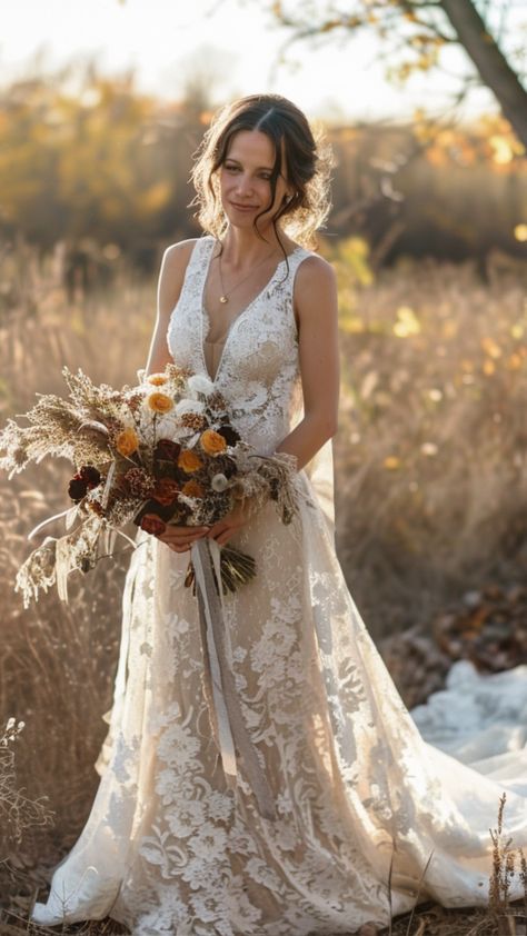 a bride in a less formal Boho lace gown or maxi dress, second wedding 2nd Wedding Dress Over 40 Not White, Second Wedding Dress Ideas, Second Wedding Dress Over 40, 2nd Marriage Wedding Dress, Wedding Dresses Outfit, Second Marriage Wedding, 2nd Wedding Dress, Second Wedding Ideas, Wedding Dress Over 40